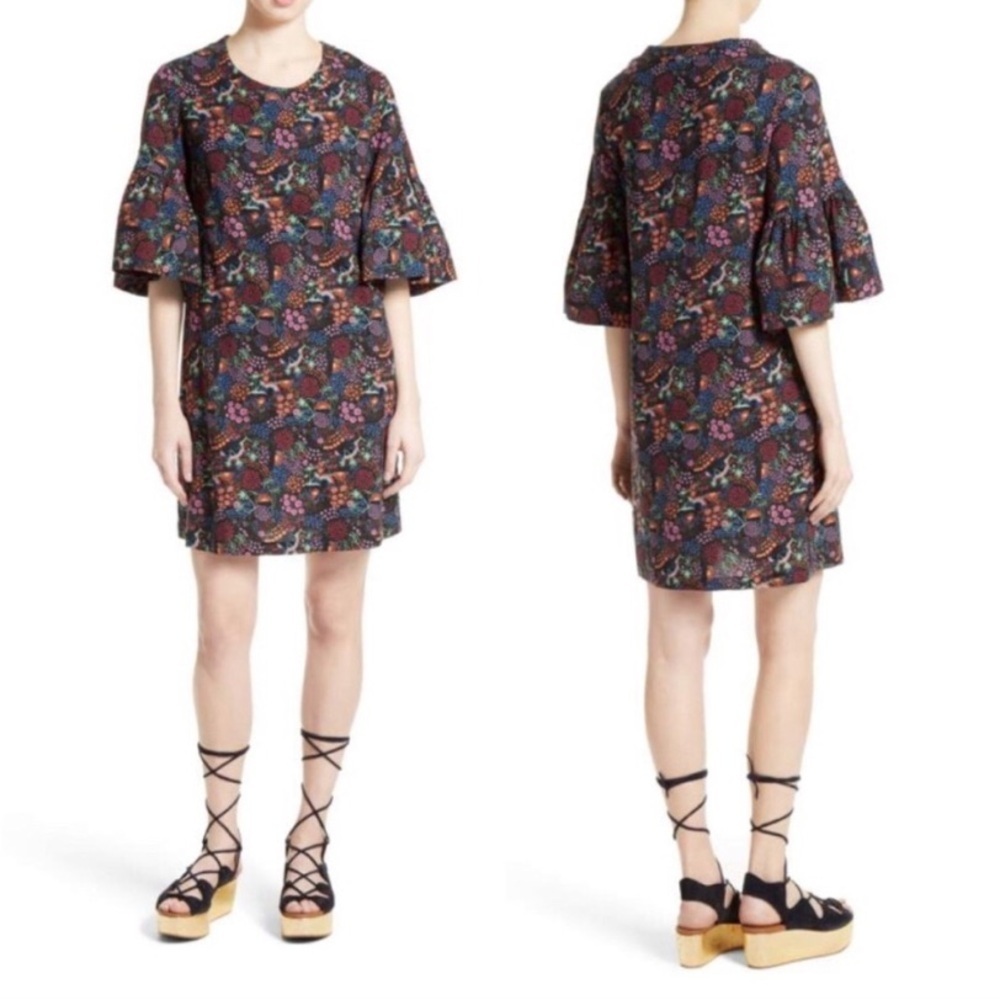 See by Chloe Bell Sleeve Floral Tropical Mini Dress Black Size 42 EU 10 US